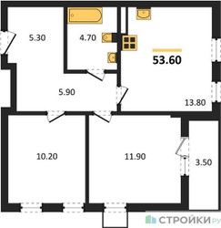 Планировка двухкомнатной(квартира) площадью 53.6 квадратных метров в ЖК “ЖК Деснаречье”