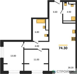 Планировка двухкомнатной(квартира) площадью 74.3 квадратных метров в ЖК “ЖК МОНС”