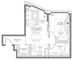 Планировка однокомнатной(квартира) площадью 48 квадратных метров в “ЖК Дрим Рива”