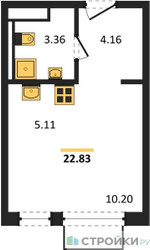 Планировка студии(квартира) площадью 22.83 квадратных метров в ЖК “ЖК Новое Внуково”