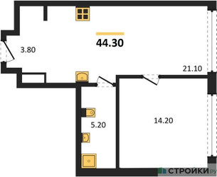 Планировка однокомнатной(квартира) площадью 44.3 квадратных метров в ЖК “ЖК Остров”
