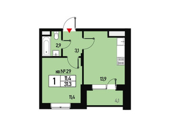 Планировка однокомнатной(квартира) площадью 31 квадратных метров в ЖК “ЖК Борисоглебское”