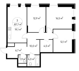 Планировка трехкомнатной(квартира) площадью 87.7 квадратных метров в ЖК “ЖК Первый Московский”