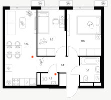 Планировка двухкомнатной(квартира) площадью 50.3 квадратных метров в “ЖК Белая Дача парк”