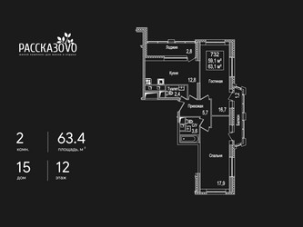 Планировка двухкомнатной(квартира) площадью 63.4 квадратных метров в ЖК “ЖК Рассказово”
