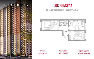 Планировка двухкомнатной(квартира) площадью 60.15 квадратных метров в ЖК “ЖК Пехра”