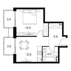 Планировка однокомнатной(апартаменты) площадью 41.7 квадратных метров в ЖК “Апарт-комплекс Аквилон Сигнал”