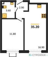 Планировка однокомнатной(квартира) площадью 35.2 квадратных метров в “ЖК Лучи-2”