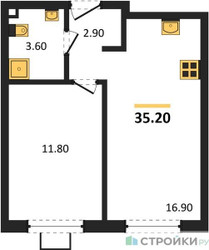 Планировка однокомнатной(квартира) площадью 35.2 квадратных метров в ЖК “ЖК Лучи-2”