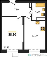 Планировка однокомнатной(квартира) площадью 38.9 квадратных метров в “ЖК ОБЛАКА-2”