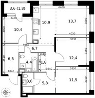 Планировка 4+ комнатной(квартира) площадью 88.9 квадратных метров в “ЖК 1-й Саларьевский (Первый Саларьевский)”