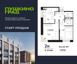 Планировка двухкомнатной(квартира) площадью 54.34 квадратных метров в ЖК “ЖК Пушкино Град”
