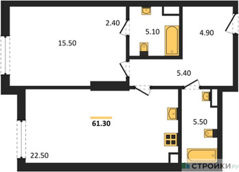 Планировка однокомнатной(квартира) площадью 61.3 квадратных метров в ЖК “ЖК Крылатская 33”