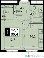 Планировка однокомнатной(квартира) площадью 35.4 квадратных метров в “ЖК 1-й Измайловский (Первый Измайловский)”