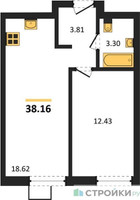 Планировка однокомнатной(квартира) площадью 39.86 квадратных метров в “ЖК Квартал Тетрис”