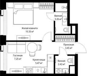 Планировка однокомнатной(квартира) площадью 37.18 квадратных метров в ЖК “ЖК Веер”