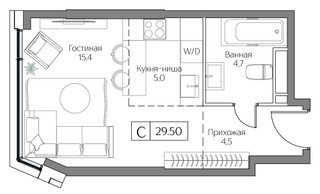 Планировка студии(квартира) площадью 29 квадратных метров в “ЖК Dream Riva (Дрим Рива)”