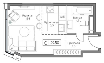 Планировка студии(квартира) площадью 29 квадратных метров в ЖК “ЖК Dream Riva (Дрим Рива)”