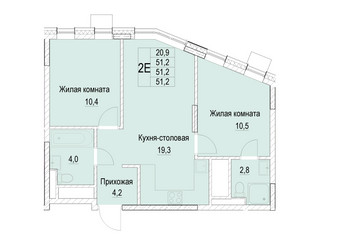 Планировка двухкомнатной(квартира) площадью 51.2 квадратных метров в ЖК “ЖК Отрадный”