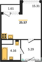 Планировка студии(квартира) площадью 25.57 квадратных метров в “ЖК Светлый мир БиоПолис”