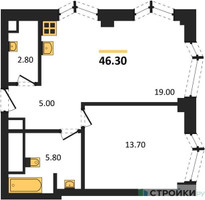Планировка однокомнатной(квартира) площадью 46.3 квадратных метров в “ICE TOWERS (Айс Тауэрс)”