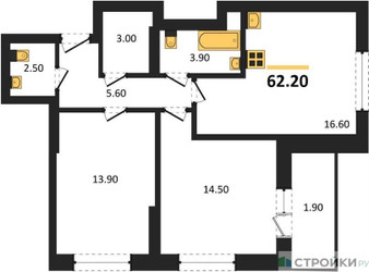 Планировка двухкомнатной(квартира) площадью 62.2 квадратных метров в ЖК “ЖК Рассказово”