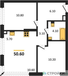 Планировка двухкомнатной(квартира) площадью 50 квадратных метров в ЖК “Жилой район Alia (Алиа)”