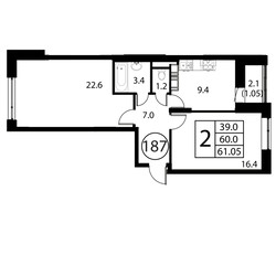 Планировка двухкомнатной(квартира) площадью 61 квадратных метров в ЖК “ЖК Космос”