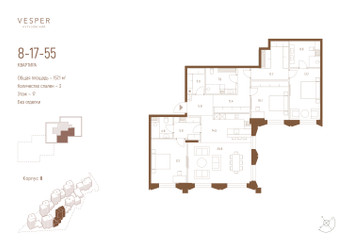 Планировка трехкомнатной(квартира) площадью 157.1 квадратных метров в ЖК “ЖК Квартал Vesper Кутузовский (Веспер)”