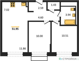 Планировка двухкомнатной(квартира) площадью 51.95 квадратных метров в “ЖК Рублевский Квартал”