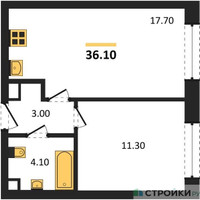 Планировка однокомнатной(квартира) площадью 36.1 квадратных метров в “ЖК ЗИЛАРТ”