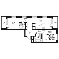 Планировка трехкомнатной(квартира) площадью 58.8 квадратных метров в “Новые Ватутинки. Заречный”