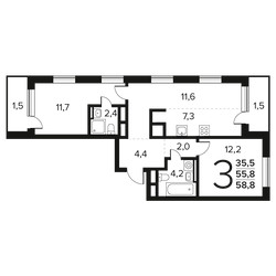 Планировка трехкомнатной(квартира) площадью 58.8 квадратных метров в ЖК “Новые Ватутинки. Заречный”