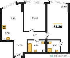 Планировка двухкомнатной(квартира) площадью 63.8 квадратных метров в “ЖК А22”