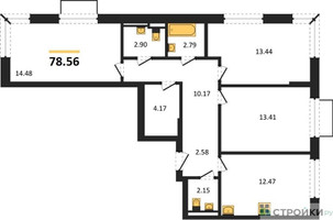 Планировка трехкомнатной(квартира) площадью 78.56 квадратных метров в “ЖК Новое Внуково”