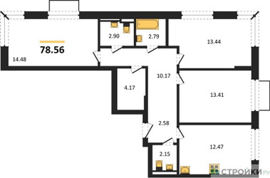 Планировка трехкомнатной(квартира) площадью 78.56 квадратных метров в “ЖК Новое Внуково”