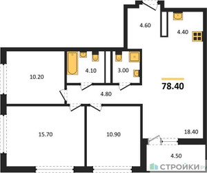 Планировка трехкомнатной(квартира) площадью 78.4 квадратных метров в ЖК “ЖК Дзен-кварталы”