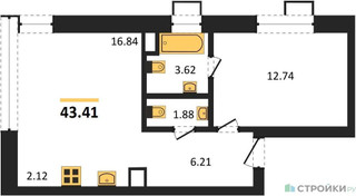 Планировка однокомнатной(апартаменты) площадью 43.41 квадратных метров в “ЖК N’ICE LOFT (Найс Лофт)”