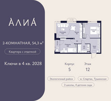 Планировка двухкомнатной(квартира) площадью 54.3 квадратных метров в “ЖК АЛИА”