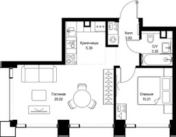 Планировка однокомнатной(квартира) площадью 42.9 квадратных метров в “ЖК СЕТ”