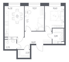 Планировка двухкомнатной(квартира) площадью 56.34 квадратных метров в “ЖК ЭкоБунино (Южное Бунино)”