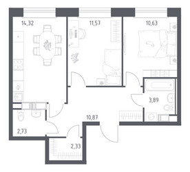 Планировка двухкомнатной(квартира) площадью 56.34 квадратных метров в ЖК “ЖК ЭкоБунино (Южное Бунино)”