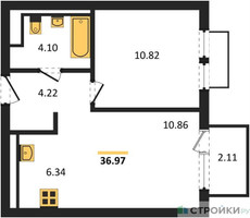 Планировка однокомнатной(квартира) площадью 36.97 квадратных метров в “ЖК Пригород Лесное”