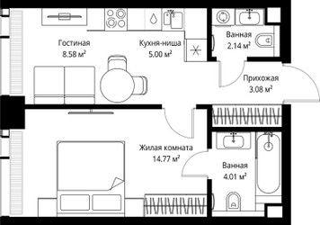 Планировка однокомнатной(квартира) площадью 37.58 квадратных метров в ЖК “ЖК Веер”