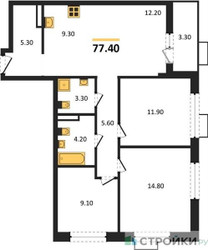 Планировка трехкомнатной(квартира) площадью 77.4 квадратных метров в ЖК “ЖК Дзен-кварталы”