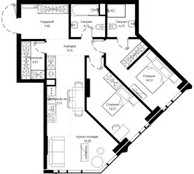 Планировка двухкомнатной(апартаменты) площадью 76.78 квадратных метров в ЖК “ЖК JOIS (Джойс)”