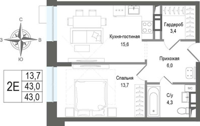 Планировка двухкомнатной(квартира) площадью 43.1 квадратных метров в ЖК “ЖК КИНОКВАРТАЛ”