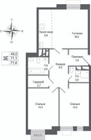 Планировка трехкомнатной(квартира) площадью 71.1 квадратных метров в “ЖК КИНОКВАРТАЛ”