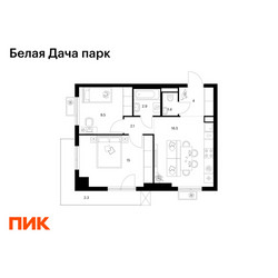 Планировка двухкомнатной(квартира) площадью 53.7 квадратных метров в ЖК “ЖК Белая Дача парк”
