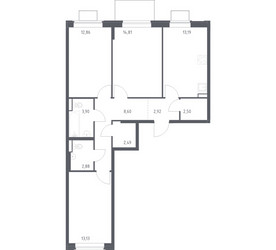Планировка трехкомнатной(квартира) площадью 77.28 квадратных метров в ЖК “ЖК Квартал Западный”